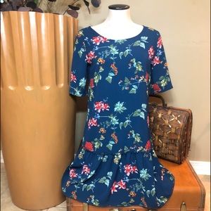 Xhileration | Navy Floral Drop Hem Dress
